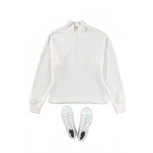 NEW THOMAS & CO women's drop shoulder quarter zip sweatshirt in white